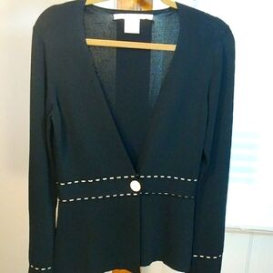 Max Studio Black Elegan Long Sleeves Contrast Cream Trim Cardigan Sweater Size S